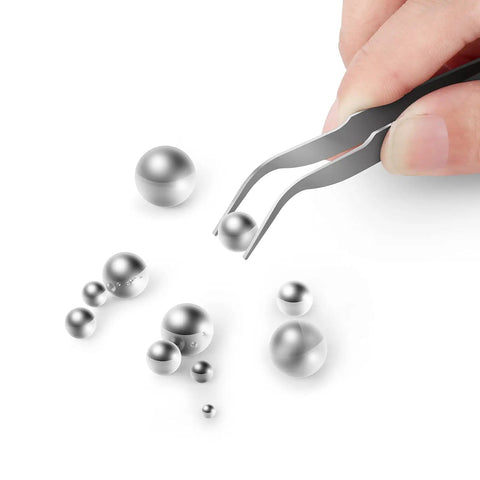 Premium Stainless Steel Precision Ball Bearing Set With 620 Pieces 12 Sizes shown with tweezers holding a bearing