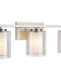 Three Light Bathroom Vanity Fixture In Satin Nickel With Clear Glass Outer Shade And White Glass Inner Shade, 23 Inch Wide Wall Mount