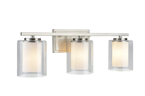 Three Light Bathroom Vanity Fixture In Satin Nickel With Clear Glass Outer Shade And White Glass Inner Shade, 23 Inch Wide Wall Mount
