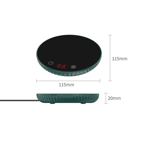 Tempered Glass Top Cup Warmer Pad With Digital Display And Auto Timer To Keep Your Morning Brew Piping Hot And Dodge The Cold Coffee Blues On Busy Weekdays, showing top view and side view with dimensions.