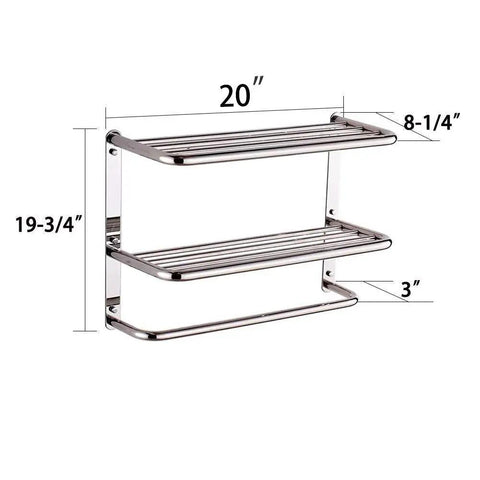 Three Tier Wall Mount Bathroom Shelf With Towel Bars Heavy Duty Stainless Steel Rack Rust Proof Chrome Finish dimensions shown