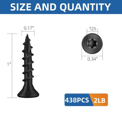 Built Tough Heavy Duty Deck Screws Black Carbon Steel With Torx Drive Nail It Fast On Outdoor Wood Fencing 1 inch size with T25 bit.