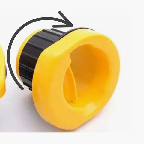 Side view of Hand Saver Stretch Film Dispenser For 3 Inch Core Film With Easy Wrap Handle Great For Factory And Warehouse Use No Sweat Packaging Quick Wrap 2 Pairs Included, showing the yellow handle and black core section.