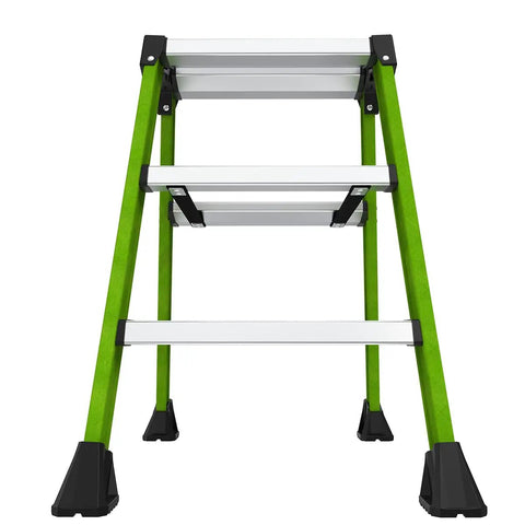 Sure Step 3 Step Double Sided Fiberglass Ladder Workhorse With Quick Setup Nylon Spreader Straps, Slip Resistant Feet, Hi Viz Green front view