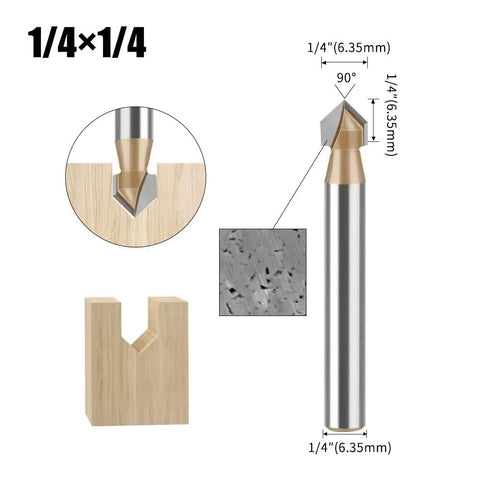 Six Piece CNC Router Bits Set With One Quarter Inch Shank For V Groove And Round Nose Engraving Mortising Slotting Trimming Surfacing And More A Versatile Entry Level Woodworking Kit For Beginners In Wood Plastic And Acrylic shown with measurements