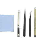 Precision tools from 17 Piece Model Tools Kit For Gundam And Car Models Noob-Friendly Starter Modeler Craft Set with cleaning cloth.