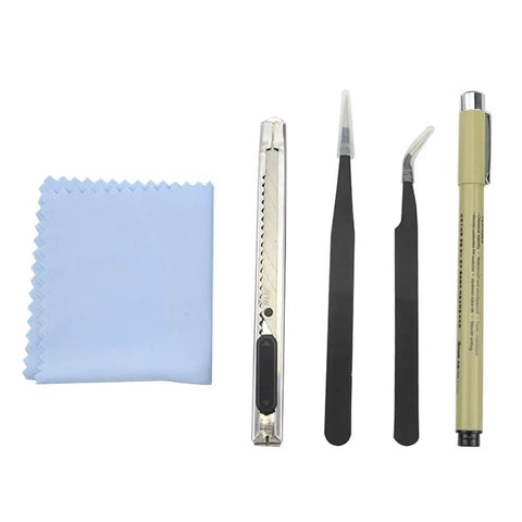 Precision tools from 17 Piece Model Tools Kit For Gundam And Car Models Noob-Friendly Starter Modeler Craft Set with cleaning cloth.