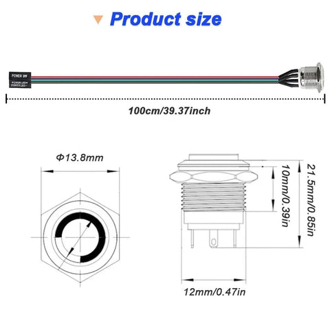 Dimensions of 12mm Chassis Power Button Kit With LED Metal Button Cable For PC Case ATX On Off Switch Extension Cord Red DIY PC Build Easy Install Includes 1 To 2 Splitters on diagram