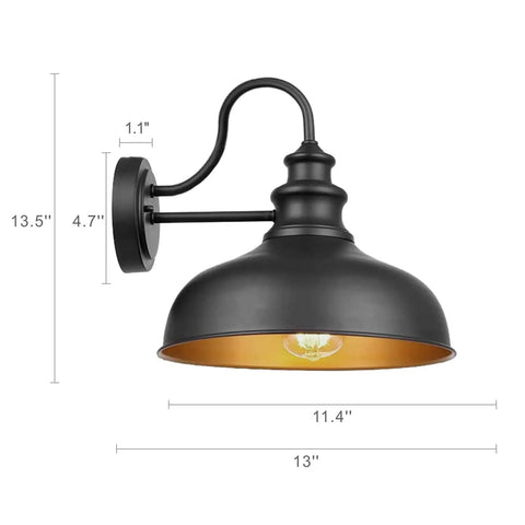 Gooseneck Barn Light Fixture Outdoor Two Pack Farmhouse Wall Mount Sconce Industrial Black With Gold Interior, dimensions shown