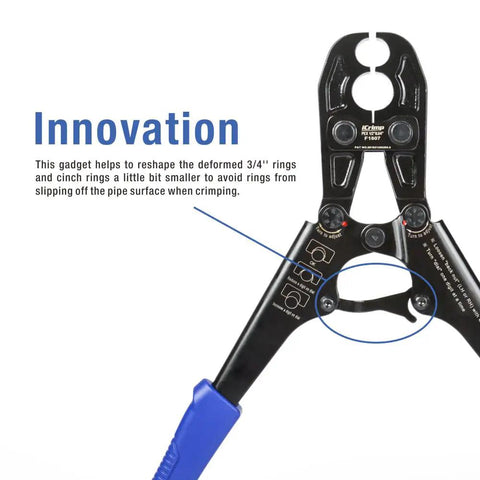 Close-up of Pex Crimping Tool Dual Size One Half Inch And Three Quarter Inch Metal Jaws for Copper Ring Crimping