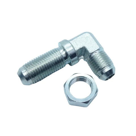 Two Piece Three Eighths Inch JIC Thirty Seven Degree Male Flare Bulkhead Elbow Hydraulic Steel Fitting For Air And Fluid Systems Such As Hydraulic Fluid ATV Isopropyl Alcohol Natural Gas Fuel Lubricants And Fresh Water with nut