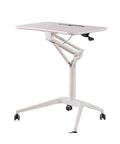 Mobile Standing Desk With Pneumatic Height Adjustment Rolling Sit Stand Cart Riser Low Profile Couch Bed Desk Smooth Roll Home Office Studio Podium Wide Work Surface with adjustable height and rolling wheels.