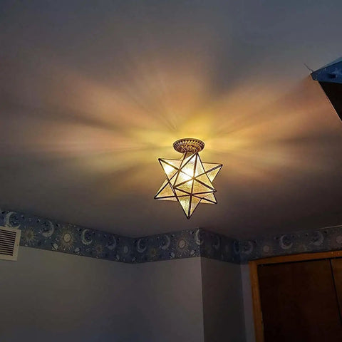 12 Inch Moravian Star Tiffany Style Stained Glass Semi Flush Mount Ceiling Fixture With Iridescent Glass Bright Colorful Light On Ceiling