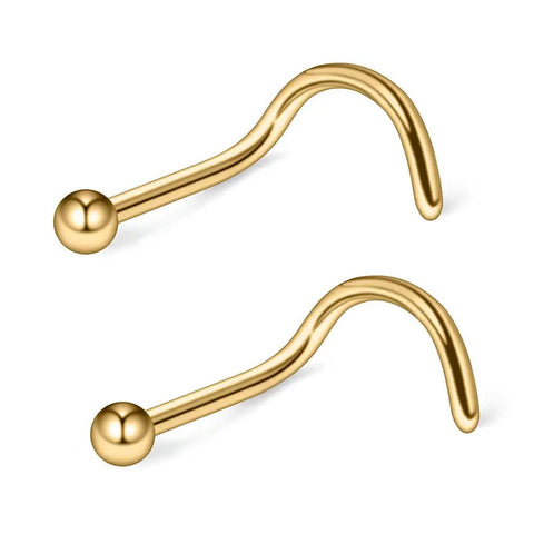 Gold 20G Curved Nose Stud Ring With 2mm Ball For Nostril Piercing 316L Surgical Steel Twister Screw Nose Jewelry 0.8mm Gauge 6mm Pin Curved Bar Includes Two Pieces
