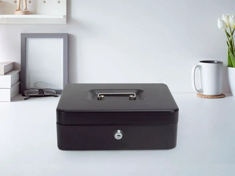 Heavy Duty Metal Cash Box With Lock And Five Compartment Coin Tray, Built To Last Lockbox for cash, checks, passports and jewelry