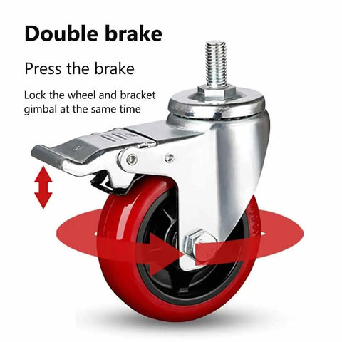 Heavy Duty Dual Locking Swivel Caster Wheels With M16 Threaded Stem Built Tough As Nails PU Wear Resistant Furniture Replacement, close up of double brake feature.