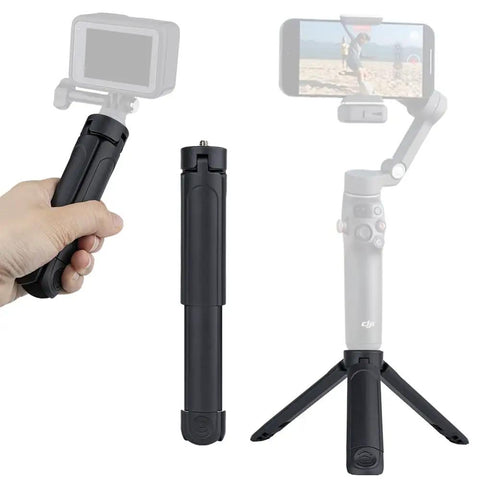Pocket Sized 2 In 1 Mini Tripod Desk Stand And Handheld Grip, ultra lightweight 2 oz, shown in handheld and tripod modes for smartphones.