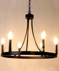 Six Light Wagon Wheel Chandelier In Black Industrial Farmhouse Style, Rustic Round Wrought Iron Ceiling Light with six lit bulbs