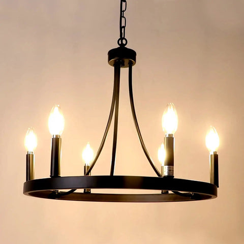 Six Light Wagon Wheel Chandelier In Black Industrial Farmhouse Style, Rustic Round Wrought Iron Ceiling Light with six lit bulbs
