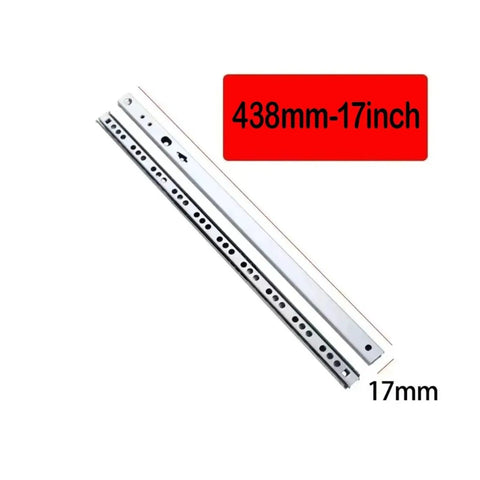 Full Extension Drawer Slides Featuring Precision Bearing Tracks For Smooth As Butter Cabinet Motion Two Way Rail Hardware 17 Inch 2 Pack displayed on white background, showing size and width details.