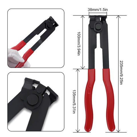 Go-To CV Joint Axle Boot Clamp Pliers Tool With 24 Crimp Bands Ear Type Extension, black and red pliers with measurements