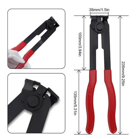Go To CV Joint Axle Boot Clamp Pliers Tool With 20 Crimp Bands showing red handles and measurements