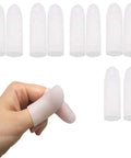 Gel Finger Protectors Silicone Fingertip Covers For All Day Finger Pain Relief From Trigger Finger Arthritis Cracking And More Soft Cushioned Finger Cots For Small Fingers Perfect For Everyday Use, showing pack of 10 and one on a finger