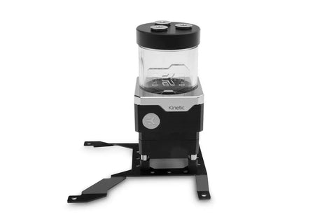 Universal Pump And Reservoir Mounting Bracket For 140mm Hole Pattern Horizontal Or Vertical Mounting Built From 1.5mm Steel For Pro PC Water Cooling Rigs displayed with a transparent reservoir