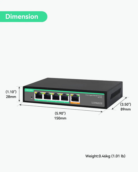 4 Port PoE Passthrough Switch And Extender With 90W Input, dimensions labeled, front view with four PoE output ports visible.
