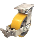 Heavy Duty Kingpinless Swivel Plate Caster Built Like A Tank To Roll Smooth Under Massive Loads Featuring Scratch Resistant Polyurethane Wheels Cast Iron Core And Quick Stop Brake Rated A Rock Solid 3950 Lbs showing yellow poly wheel and cast iron core with mounting plate.