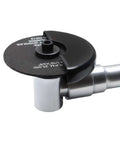 Close-up of 3 Inch Pneumatic Cut Off Tool with Die Grinder Wheels, chrome plated aluminum body, used for cutting metal, wood, fiberglass, plastic.