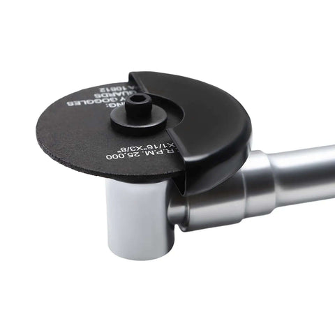 Close-up of 3 Inch Pneumatic Cut Off Tool with Die Grinder Wheels, chrome plated aluminum body, used for cutting metal, wood, fiberglass, plastic.