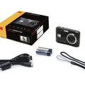FZ45 Digital Camera With 16MP Sensor, 4X Optical Zoom, 27MM Wide Angle, Full HD 1080P Video, accessories and packaging