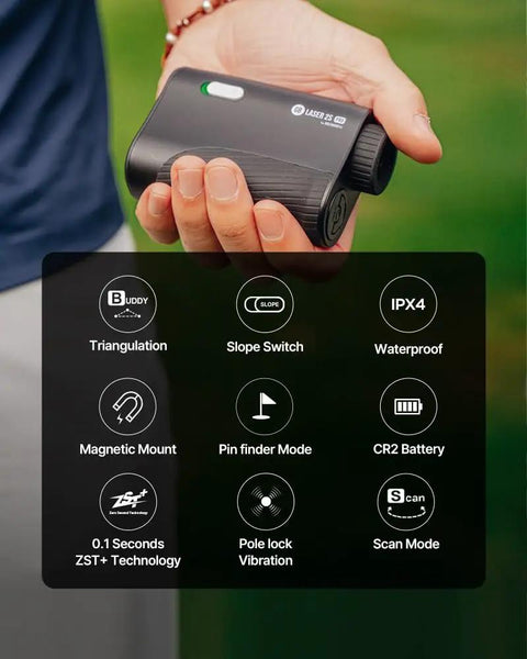 Hand holding 2S Pro Golf Range Finder With Slope And Pin Finder, Measure From Cart On The Fly Up To 1093 Yards, Magnetic Mount.