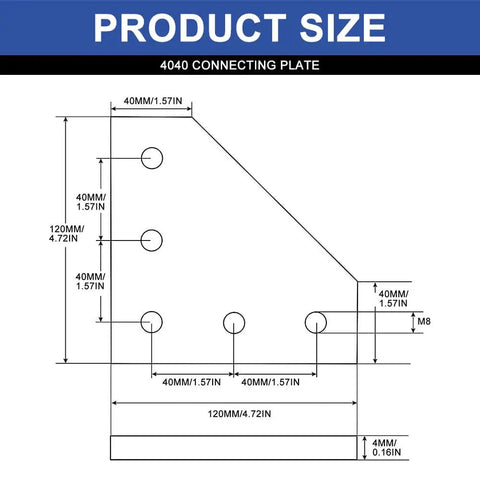 Dimensions diagram of 4040 connecting plate for 10 Pack 4040 Aluminum Extrusion L Corner Bracket Connector Kit With Silver Finish Includes Nuts Screws And Wrench For Pro Fabrication Rig Builds And Custom Gear Projects That Are Dope Hella Strong.
