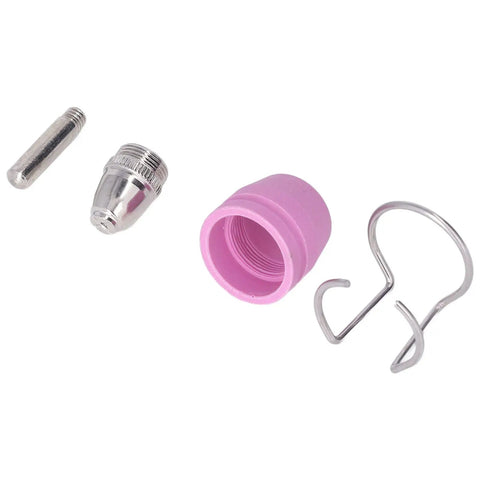 Premium Plasma Torch Rebuild Kit For Welding Pros Featuring Stainless Steel Rings Plus Ceramic Nozzle Conductive Electrode And Complete Consumables Set, includes pink ceramic nozzle and stainless steel components.