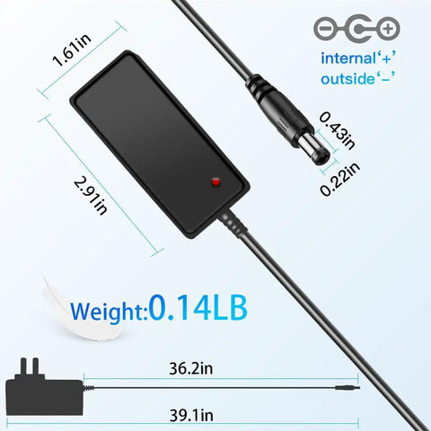 Diagram of 12V 1A Power Supply Adapter with dimensions, plug, 36.2in cable, and weight 0.14lb for CCTV Camera Router Speaker Webcam