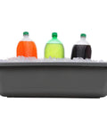 Four Pack Plastic Bus Tubs For Commercial Use, 13 Liter Capacity Tote Boxes filled with ice and soda bottles for cafeteria use