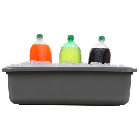 Four Pack Plastic Bus Tubs For Commercial Use, 13 Liter Capacity Tote Boxes filled with ice and soda bottles for cafeteria use