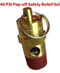 Brass 1/4-inch NPT air compressor relief valve; 140 PSI pop-off, red threaded end, All Tool Depot.