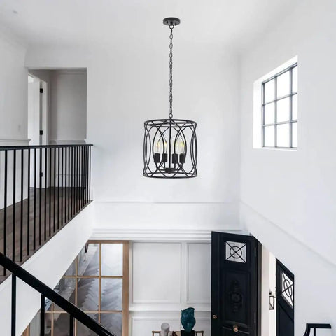 Black Rustic Chandelier Pendant Light Fixture For Dining Room With Four Cage Lights in modern foyer