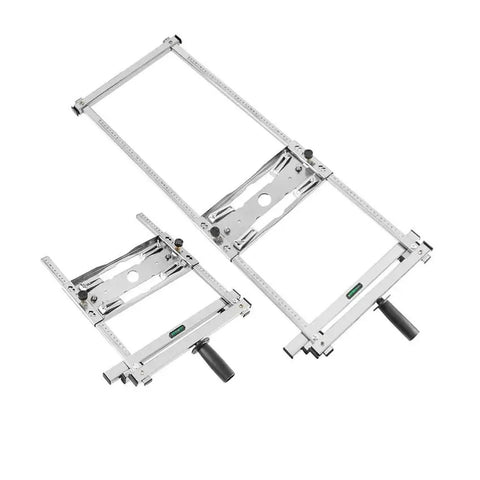 Dual machining vise wood positioning guide tool; stainless steel frames with ruler scales and black handles.