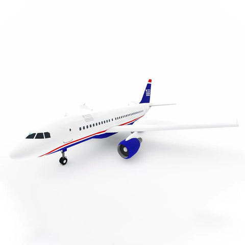 White and blue model airplane on white background, showcasing an example RC plane for Pack Of 3 Beefy Steel Landing Gear Axles For RC Planes.
