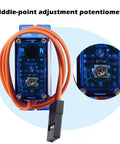 Wishiot micro servo tester kit featuring FS90R 9g servo on blue PCB with orange wire leads and black connector