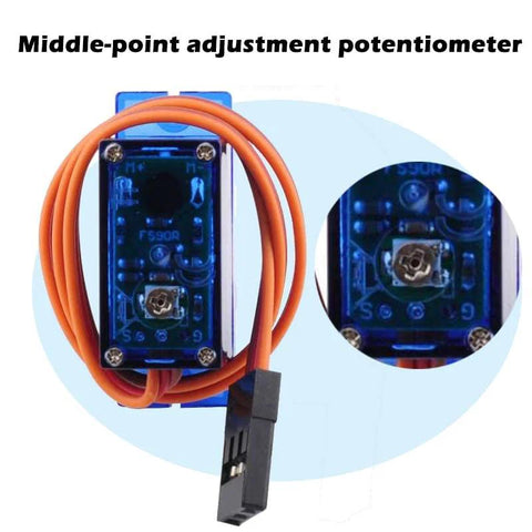 Wishiot micro servo tester kit featuring FS90R 9g servo on blue PCB with orange wire leads and black connector