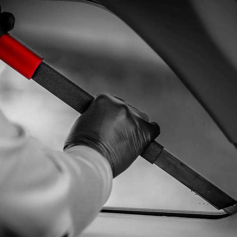 Windshield Removal Knife With Quick Release Blade Change, 18 Inch Auto Glass Tool in use, heavy duty steel construction, durable handle