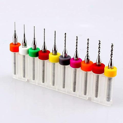 Carbide Micro Drill Bits Set 10 Piece 0.3mm To 1.2mm High Precision Tiny Bits in a Transparent Holder with Colored Tips