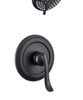 Matte black shower system with tub spout, rain mixer head, and pressure balanced valve for steady water temp and easy upgrades.