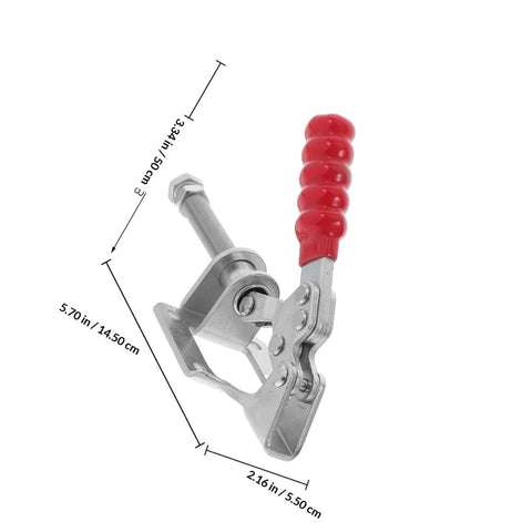 Image of a Heavy Duty Zinc Plated Steel Push Pull Toggle Clamp with red handle, showing dimensions and build for woodworking and metalwork.