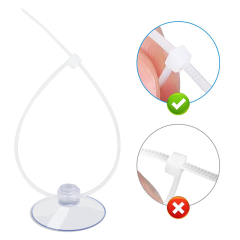 20 Pack Suction Cups With 40 Zip Ties For Aquarium showing correct zip tie and suction cup attachment for fish and shrimp safety
